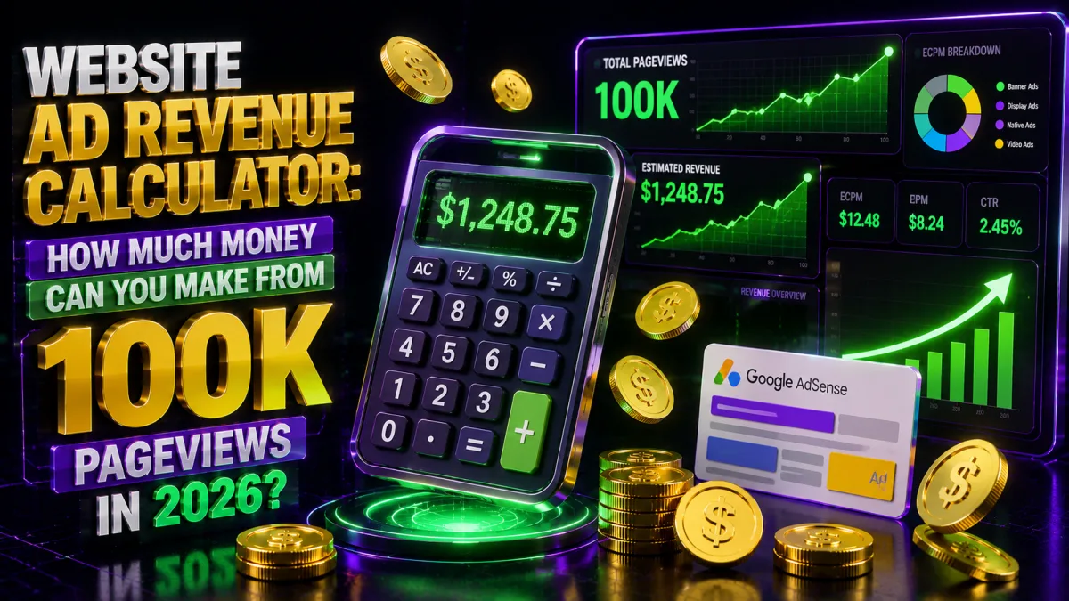 Website ad revenue calculator estimating earnings from 100k monthly pageviews 2026